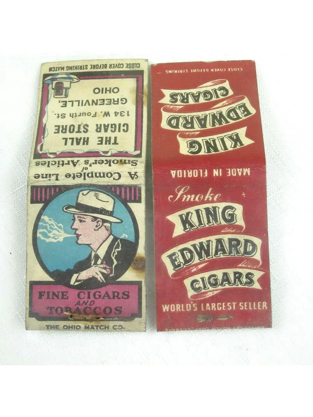 2 Vintage Matchbook Cover King Edwards Cigars Florida, The Hall Cigar Store Ohio
